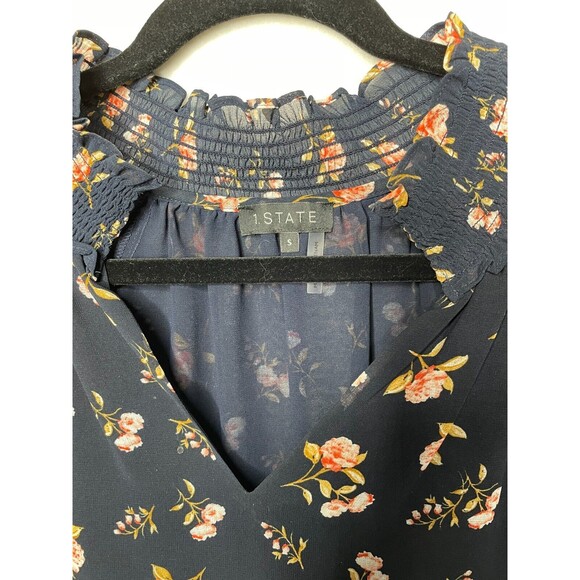 1 State Womens Blue Floral-print Split-neck Poet Sleeve Blouse Wimsy Size Small - Picture 3 of 9